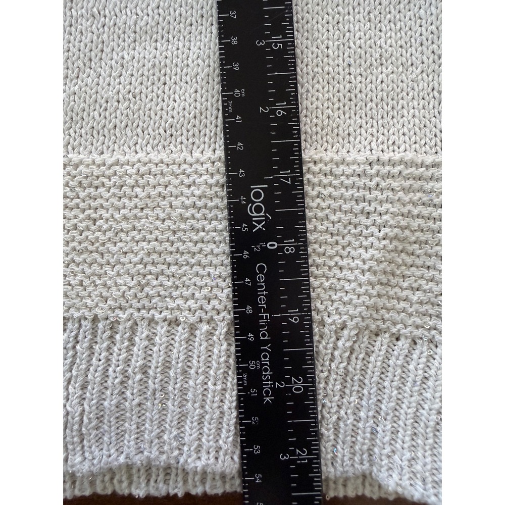 Saks Fifth Avenue Short Sleeve Knit Sweater Women Med White-Silver Sequin Italy - Picture 7 of 7